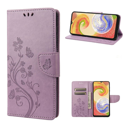 Light purple flip phone case with butterfly and floral swirl pattern, holding a phone.