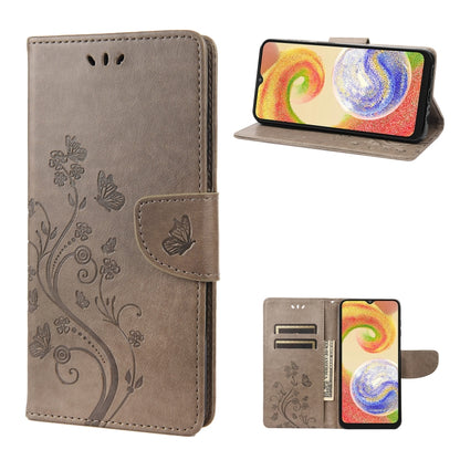 Light gray flip leather phone case with butterfly flower pattern, card holder and stand