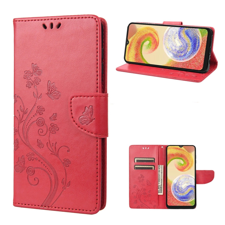 Red flip leather phone case with butterfly flower pattern, card holder and stand