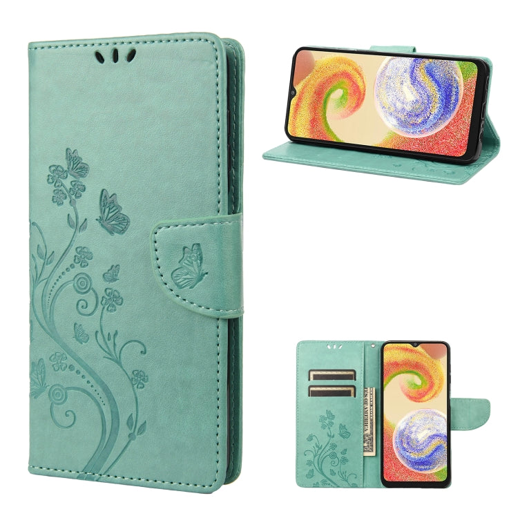 Light green flip leather phone case with butterfly flower pattern and built-in stand