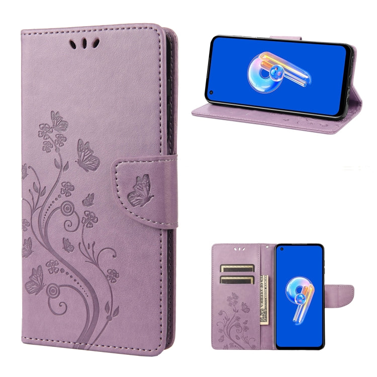 Light purple flip phone case with butterfly floral pattern, side view with phone.