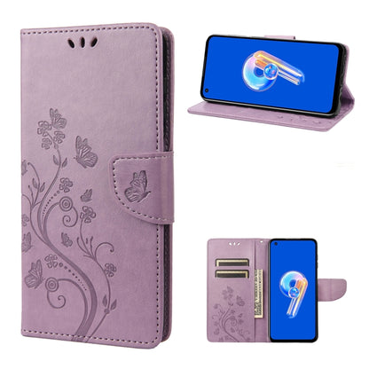 Light purple flip phone case with butterfly floral pattern, side view with phone.