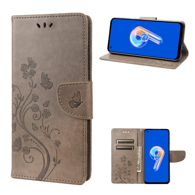 Light gray flip leather phone case with butterfly flower pattern, card holder and stand