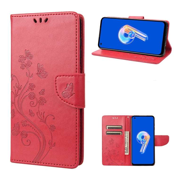 Red butterfly flower flip leather phone case with folio stand and card holder