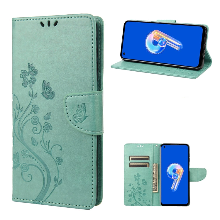 Light green flip leather phone case with butterfly flower pattern and side hand strap