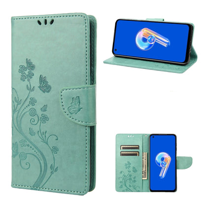 Light green flip leather phone case with butterfly flower pattern and side hand strap