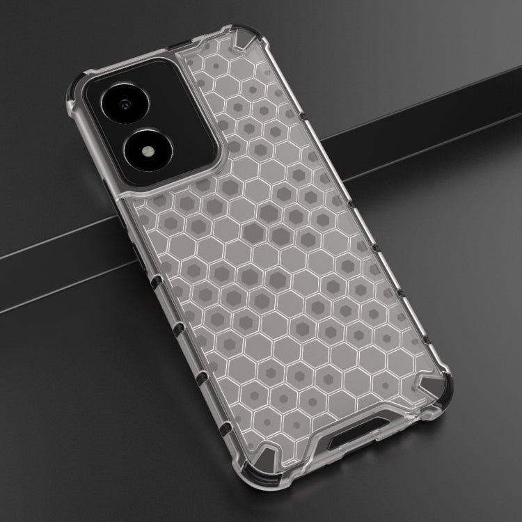Clear honeycomb phone case with silver hex pattern and raised corner bumper