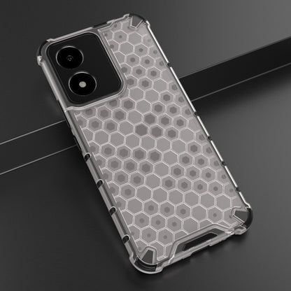 Clear honeycomb phone case with silver hex pattern and raised corner bumper