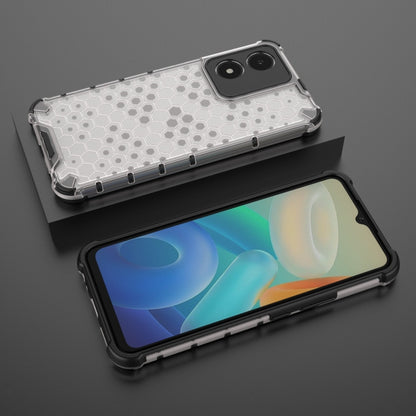 White honeycomb phone case with hex pattern, showing front screen and side buttons