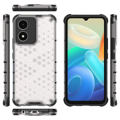 White honeycomb phone case with black bumper, plus side and camera cutout views