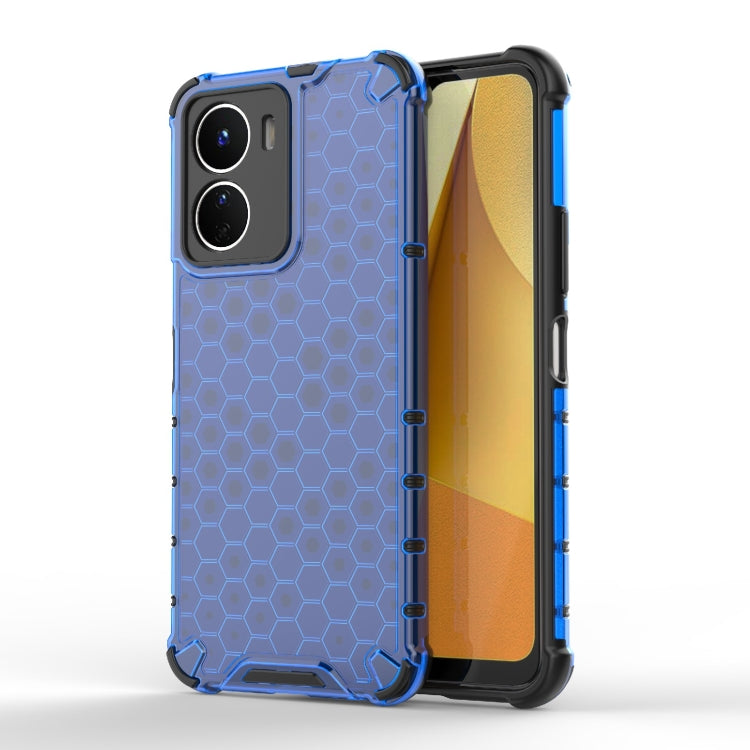 Blue honeycomb phone case with raised hex pattern and protective bumper edges