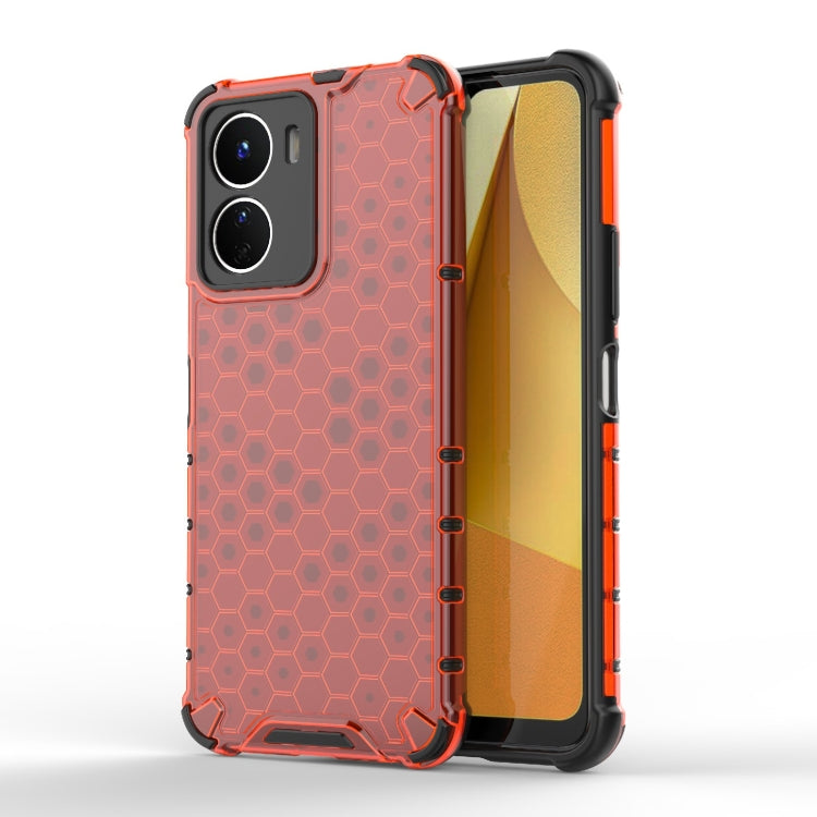 Red honeycomb phone case with raised hex pattern and shock-absorbing bumper frame