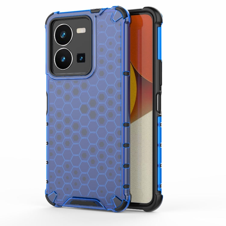 Blue honeycomb phone case with raised hex pattern and protective side bumper