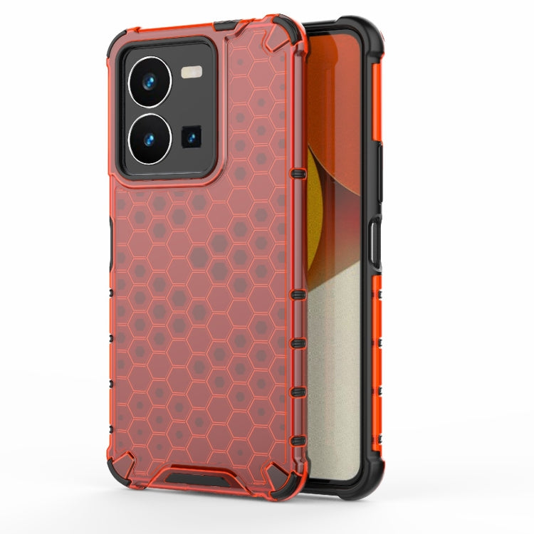 Red honeycomb phone case with raised hex pattern and reinforced corner guards