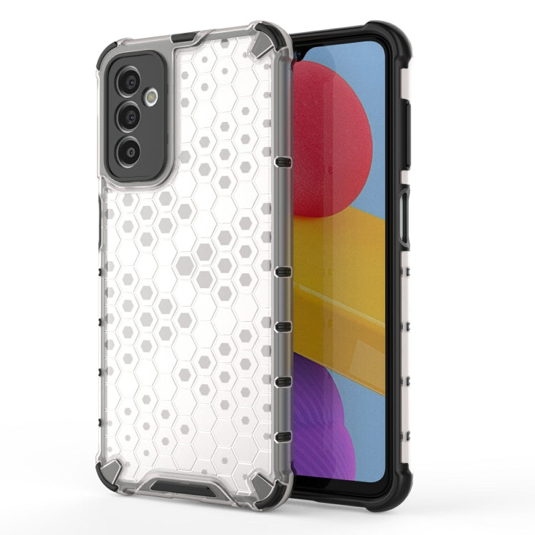 White honeycomb phone case with raised hex pattern and protective bumper frame