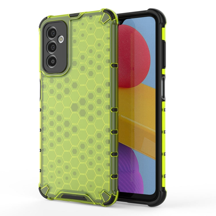 Green honeycomb phone case with raised hex pattern and shockproof corner trim