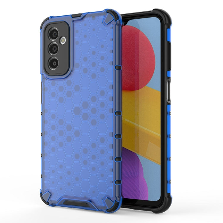 Honeycomb phone case in blue with textured hex pattern and raised edge protection
