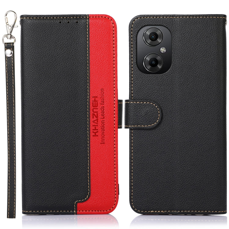 RFID litchi-texture leather phone case, black/red flip with wrist strap and camera cutout