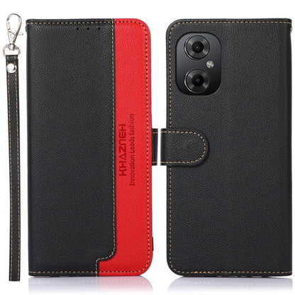 RFID litchi-texture leather phone case, black/red flip with wrist strap and camera cutout