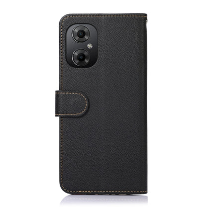 RFID litchi-texture leather phone case, black flip with camera cutout and wrist strap