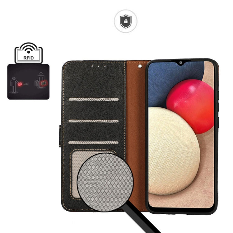 RFID leather phone case wallet, open view with card slots and phone screen