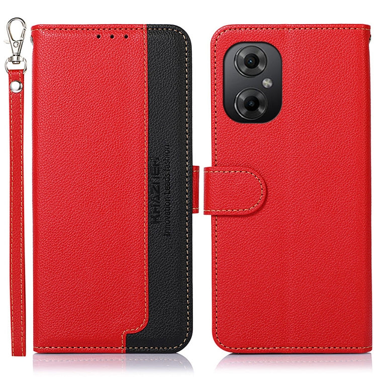 RFID litchi-texture leather phone case, red with black flip, camera cutout and wrist strap