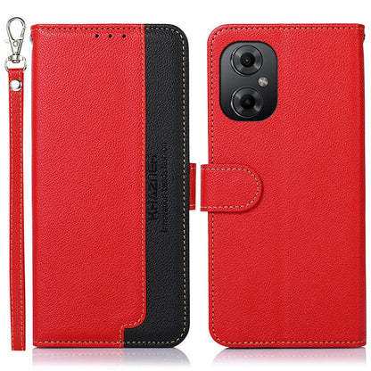 RFID litchi-texture leather phone case, red with black flip, camera cutout and wrist strap