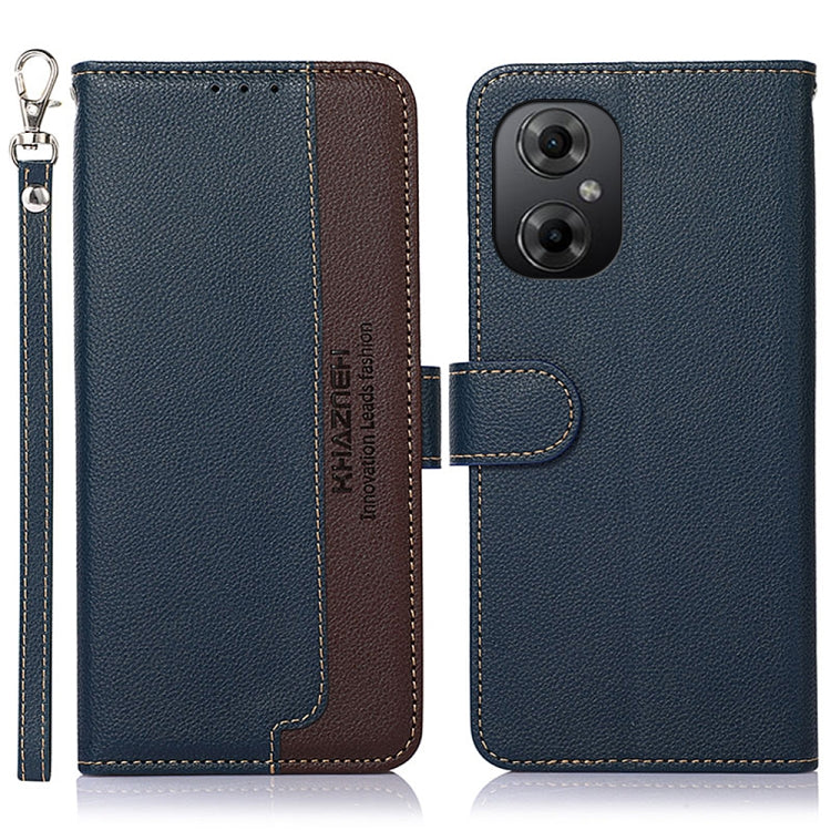 RFID litchi-texture leather phone case, blue with brown flip, camera cutout and wrist strap