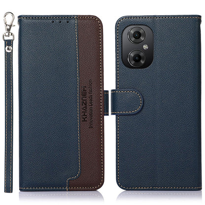 RFID litchi-texture leather phone case, blue with brown flip, camera cutout and wrist strap