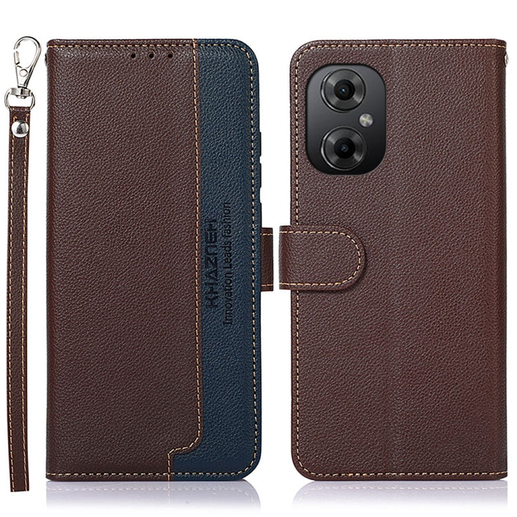 Litchi-texture leather phone case, brown with blue accents, camera cutout and strap
