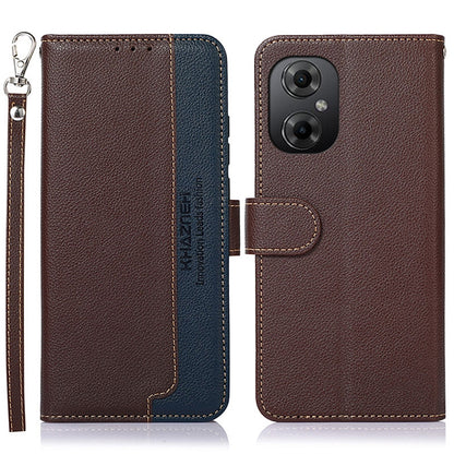 Litchi-texture leather phone case, brown with blue accents, camera cutout and strap
