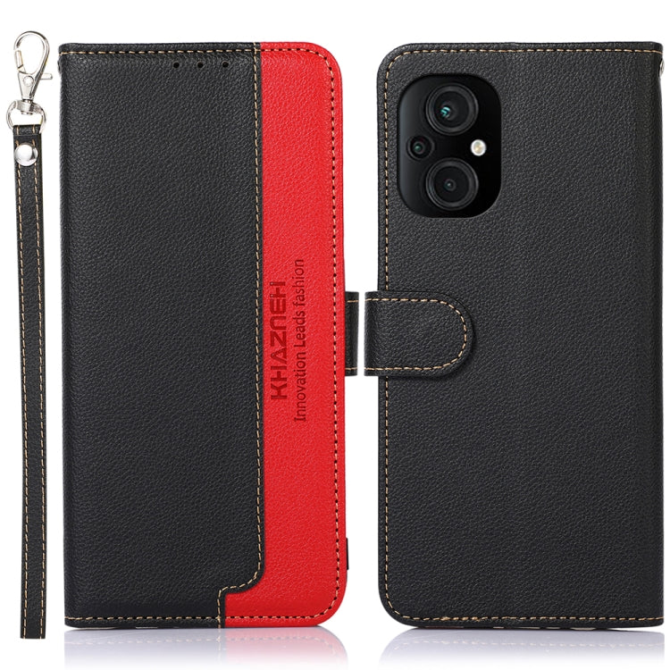 RFID leather phone case, black/red flip with camera cutout and attached wrist strap