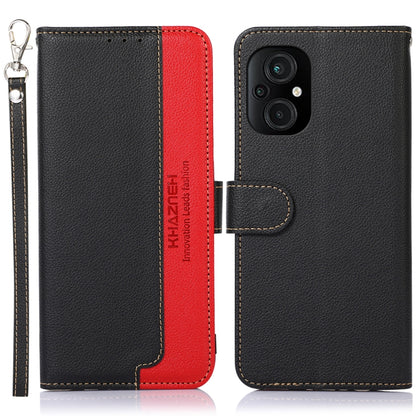 RFID leather phone case, black/red flip with camera cutout and attached wrist strap