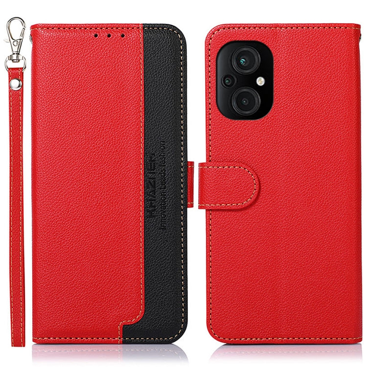 RFID litchi-texture leather phone case, red/black flip with wrist strap and dual camera cutout
