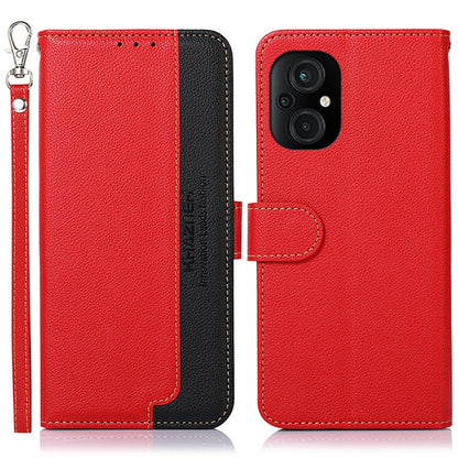 RFID litchi-texture leather phone case, red/black flip with wrist strap and dual camera cutout