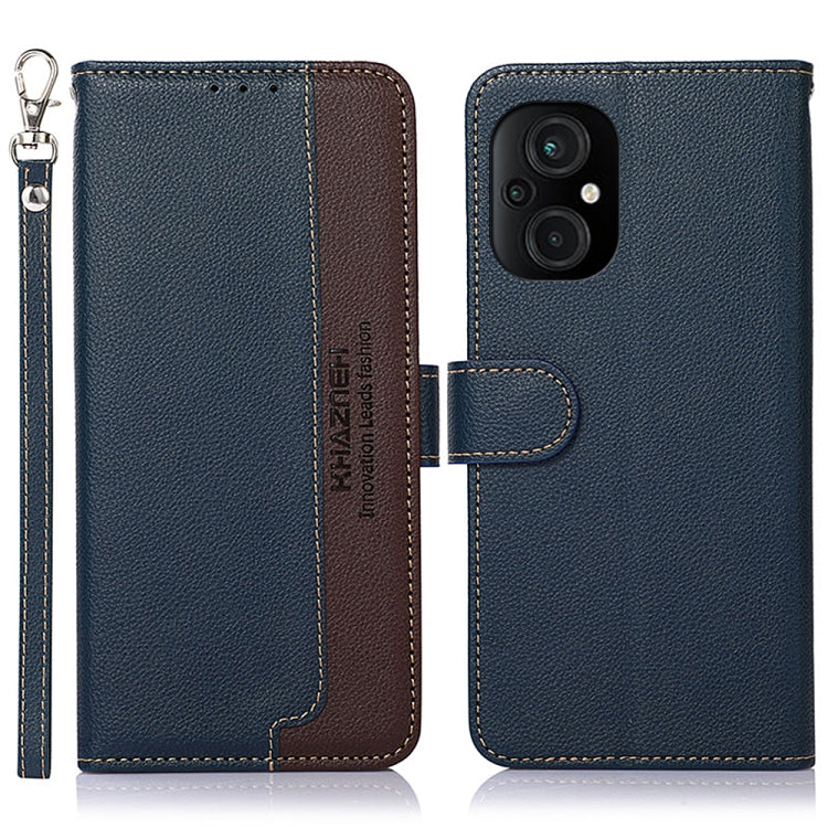Litchi-texture leather phone case, dark blue with brown stitching, camera cutout