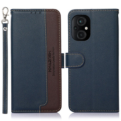 Litchi-texture leather phone case, dark blue with brown stitching, camera cutout