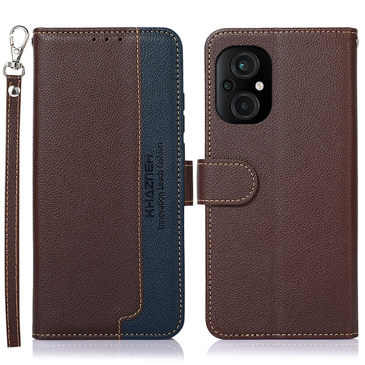 Litchi-texture leather phone case, dark brown with blue lining, camera cutout