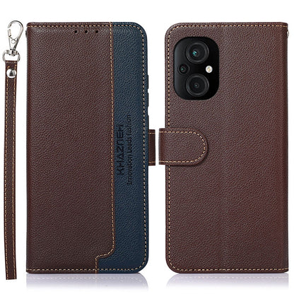 Litchi-texture leather phone case, dark brown with blue lining, camera cutout