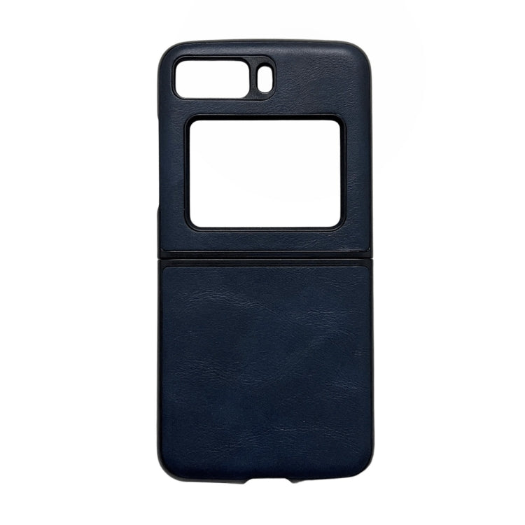 Dark blue cowhide-texture PU phone case with camera cutout and front window