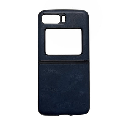 Dark blue cowhide-texture PU phone case with camera cutout and front window