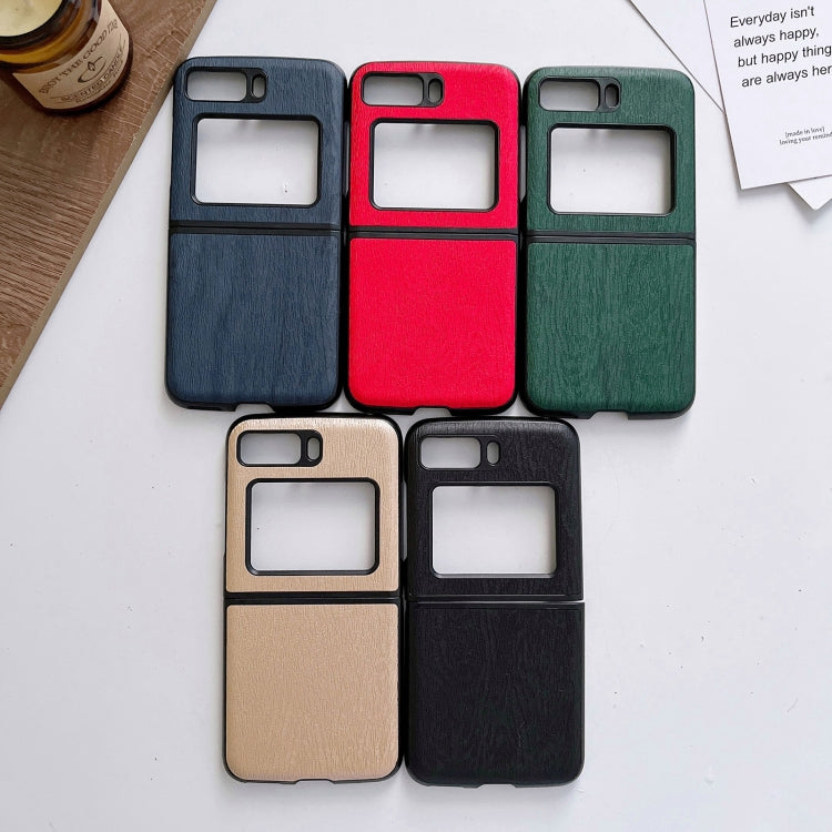 Wood-texture PU phone case color assortment: blue, red, green, beige, and black