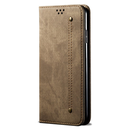 Khaki denim-texture leather phone case folio with side buttons and magnetic clasp