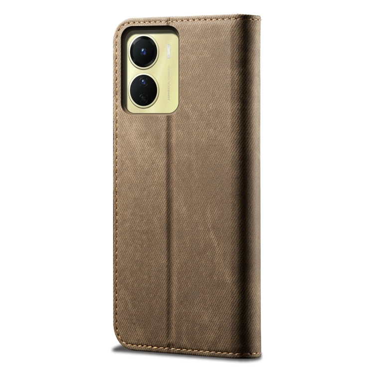 Khaki denim-texture leather phone case back cover with camera cutout and stitched edge