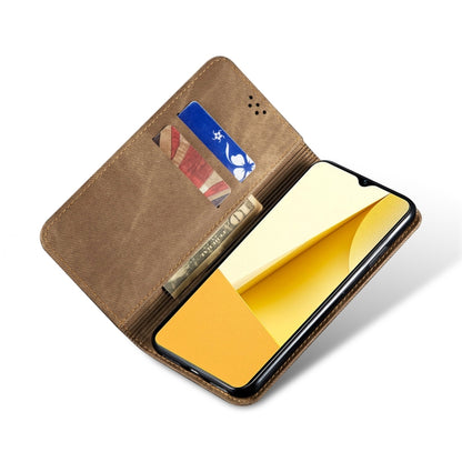 Brown denim-texture leather folio phone case with card slot and front flip cover