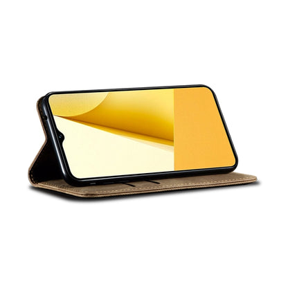 Brown denim-texture leather folio phone case with front flip and open-screen protection