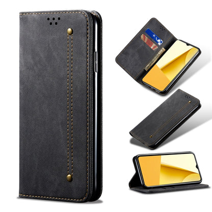 Dark gray leather wallet phone case with card slot window, stitched seams, and magnetic button