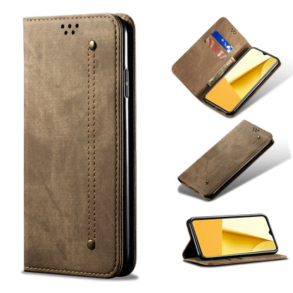 Khaki leather wallet phone case with card slot window and magnetic snap, front view