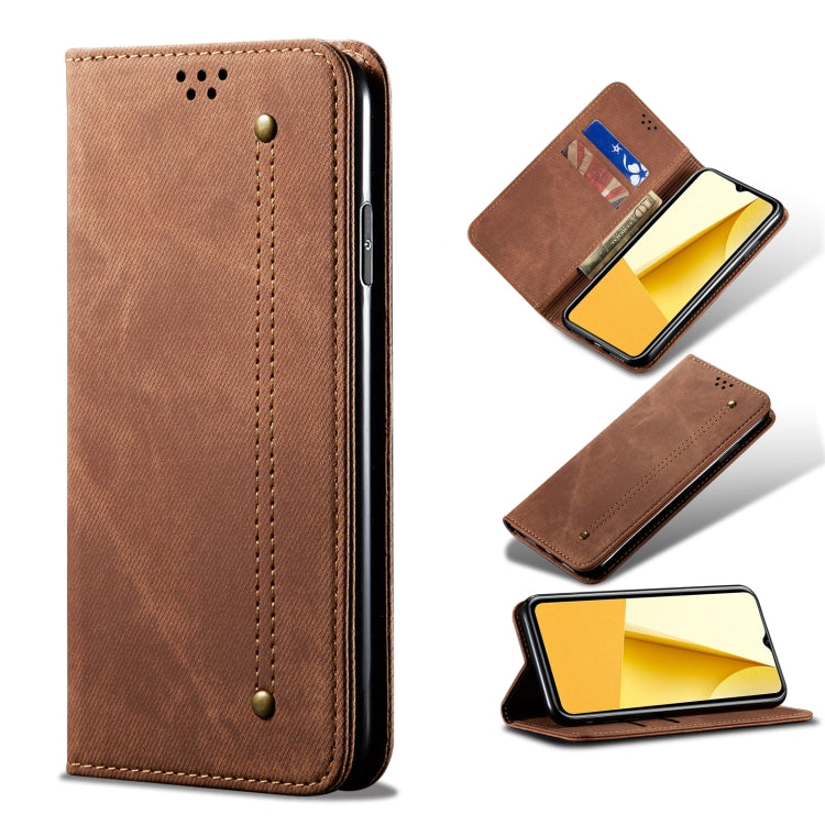 Tan leather wallet phone case with card slot window, vertical stitching, and magnetic closure