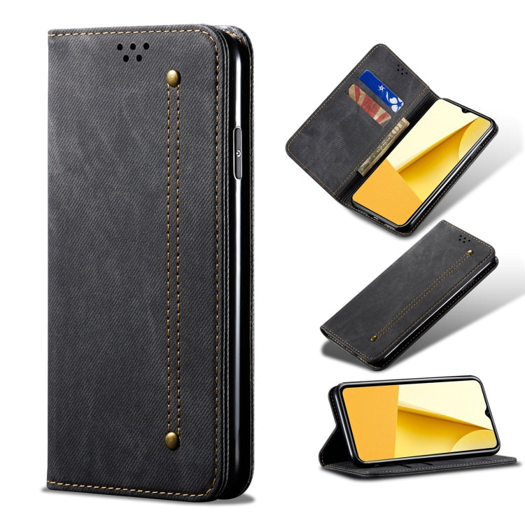 Charcoal leather wallet phone case with card slot window, stitched seams, and magnetic snap